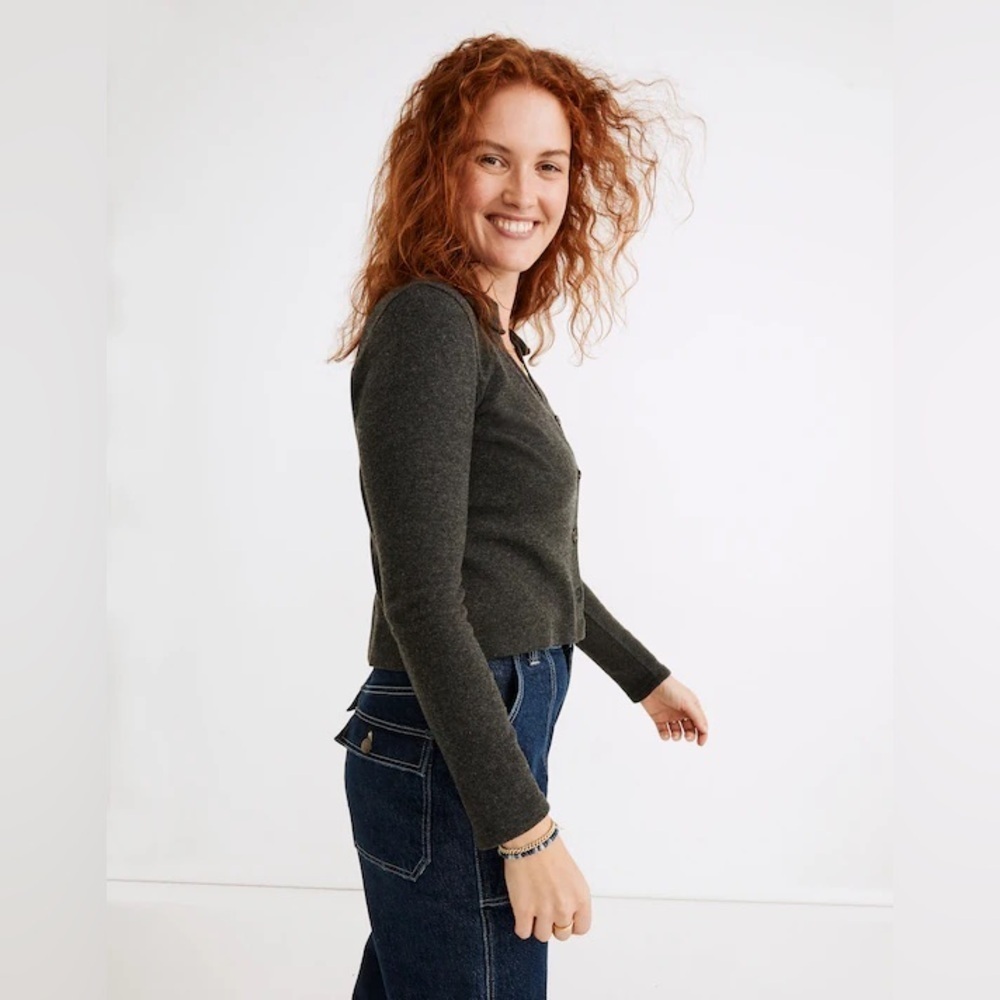 Madewell Charcoal Black Gray Brushed Rib Polo Crop Cardigan Women’s Size Medium